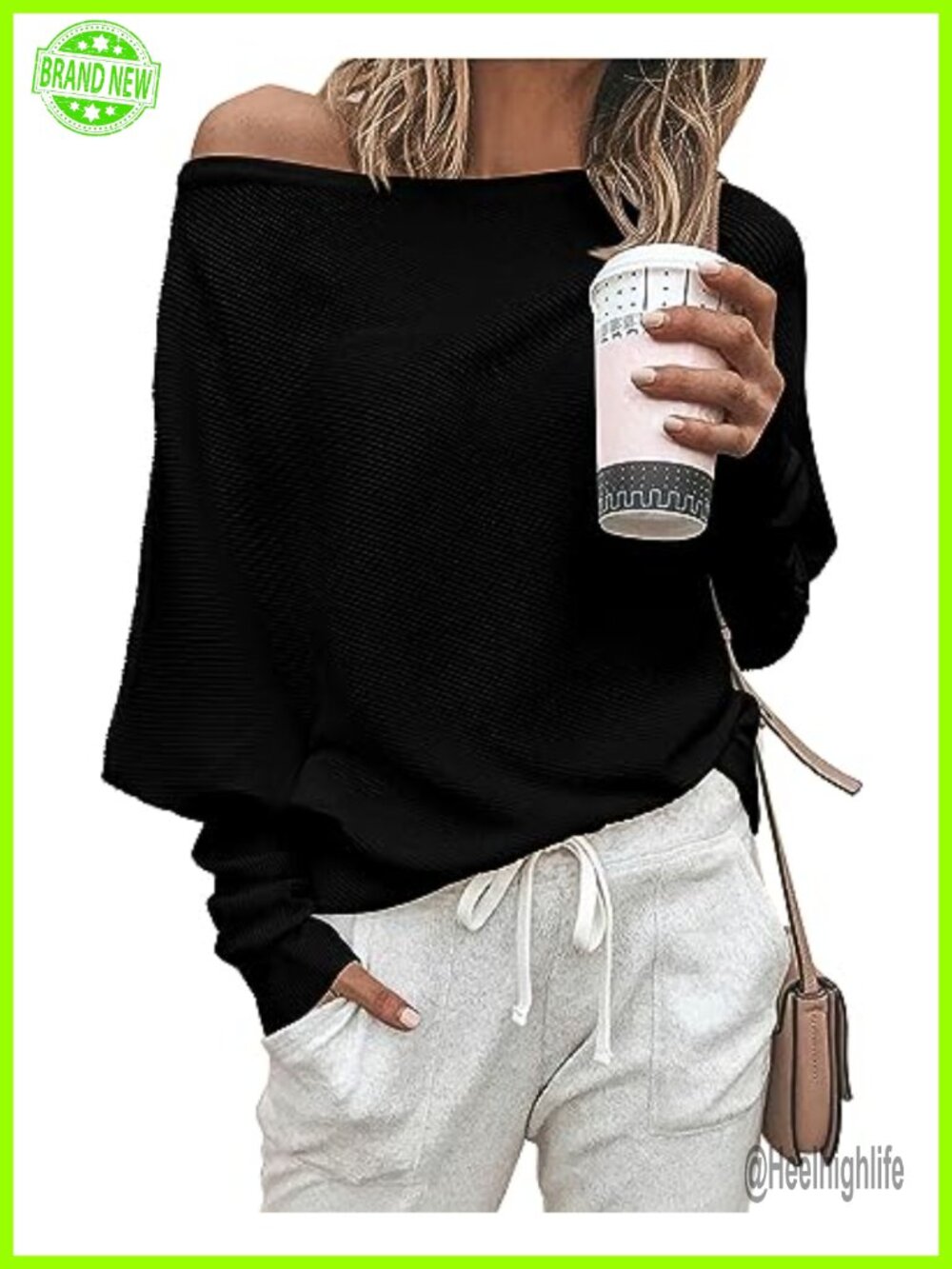 Womens Off Shoulder Knit Sweater Pullover Long Sleeve Loose Fit Batwing